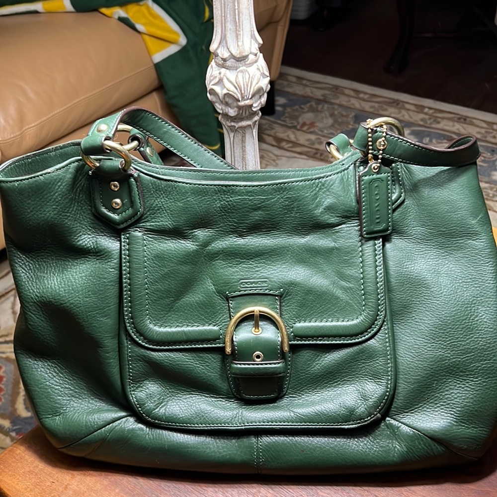 👜Coach No F1381-F24961 Campbell Forest Grn Leather Belle Carryall Purse